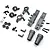 A set of grey aluminium upgrade parts for an RC car, including steering knuckles, suspension mounts, and various screws and pins on a white background.