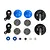 A set of Traxxas GTR shock rebuild parts including rod ends, blue bladders, pistons, spring retainers, o-rings, nuts, and washers on a white background.