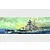 An artistic illustration of the German battleship Bismarck sailing through rough, dark blue seas under a cloudy, greenish-yellow sky.