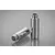 Two silver aluminium RC shock absorber bodies with threaded ends, displayed on a reflective grey surface.
