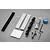 Tamiya Frog hardware and tool set including grease, hex wrenches, a cross wrench, rubber bellows, and adhesive foam strips on a grey background.