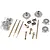 Tamiya metal drivetrain components including gears, shafts, and drive cups laid out on a white background.