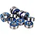 A collection of small metal ball bearings with blue rubber seals, arranged in a pile against a white background.