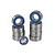 A collection of metal ball bearings with blue rubber seals arranged in two stacks and one loose bearing on a white background.