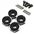 Four black aluminium 12mm RC wheel hex adapters with included metal pins and screws on a white background.
