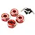 Four red aluminium 12mm wheel hexes with silver accents, accompanied by small metal pins and black screws on a white background.