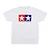 A white T-shirt featuring the Tamiya logo with two stars and the text TAMIYA PLASTIC MODEL CO. printed on the chest.