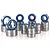 A collection of metal ball bearings with blue rubber seals arranged in stacks against a white background.