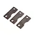 Three flat, dark grey metal brake pad plates for an RC vehicle, arranged diagonally on a white background.