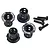 Four black aluminium adjustable body mounts by Yeah Racing with matching black screws on a white background.
