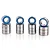 A set of metal ball bearings with blue rubber seals, stacked in four groups against a white background.