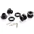 A set of four black aluminium 17mm hex adapters for RC cars, including matching nuts and drive pins on a white background.