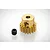 A brass 18-tooth pinion gear for RC cars, shown next to a small black grub screw on a white background.