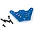 A blue anodized aluminium top chassis brace for an RC car, accompanied by five black metal screws, isolated on a white background.