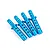 Four bright blue anodized aluminium RC car body posts arranged diagonally on a white background.