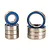 Two stacks of metal ball bearings with blue rubber seals isolated on a white background.