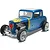 A 1/25 scale model of a blue 1932 Ford 5-window coupe hot rod with flame decals and a devil graphic on the grille.