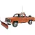 A 1/24 scale model of an orange GMC pickup truck equipped with a front-mounted snow plow, featuring chrome wheels and a roll bar with lights.