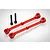 Two red anodized aluminium RC shock tower braces and two black steel socket head screws on a white background.