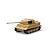 A studio shot of an unassembled, unpainted tan plastic model kit of a Tiger 1 tank on a white background.