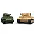 Two assembled plastic model tanks, one green Sherman and one tan Tiger I, displayed side by side on a white background.
