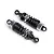 Two assembled black and silver RC shock absorbers for Maverick vehicles.