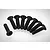 A set of eight black metal countersunk head screws with hex drive sockets arranged in a semi-circle on a white background.