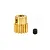 A brass 14-tooth pinion gear for RC cars, shown next to a small black grub screw against a white background.