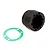 A black plastic RC differential case and a thin green circular gasket on a white background.