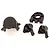 HSP Adventure RC spare parts including a motor gear box cover, motor mount, and two front steering hubs made of black plastic.