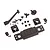 A collection of black plastic RC car body accessories including a grille, mirrors, mounts, and various small screws on a white background.