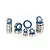 A collection of various sized metal ball bearings with blue rubber seals arranged on a white background.