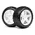 Two 1/10 scale RC buggy wheels with black knobby rubber tyres mounted on white five-spoke plastic rims.
