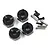 Four black aluminium wheel hexes with 8.0 markings, accompanied by four metal screw pins and four small black set screws on a white background.