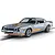 A silver Scalextric 1/32 scale Chevrolet Camaro Z28 slot car with yellow and orange racing stripes on a slot track.