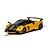 A yellow and black Scalextric 1/32 scale Pagani Huayra BC Roadster slot car on a track.