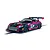 A 1/32 scale Scalextric Mercedes AMG GT3 slot car in black and pink livery with number 69, sitting on a slot car track.