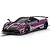 A 1/32 scale Scalextric Pagani Huayra Roadster BC slot car in metallic purple with black accents, displayed on a slot car track.