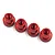 Four red anodized aluminium knurled setup system lock nuts arranged in a row against a white background.