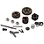 Axial RBX10 Ryft 2-speed conversion kit parts including metal gears, bearings, shift fork, and hardware on a white background.
