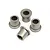 Four small metal flanged bushings arranged on a white background.