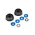 A set of Traxxas GTR shock double seal kit components including two black plastic caps, four blue rubber seals, and two small metal washers.