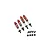 A set of four red aluminium RC shock absorbers with white springs, accompanied by small black plastic mounting hardware on a white background.
