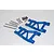 GPM Racing blue aluminium rear lower suspension arms for RC cars, including metal pins, screws, e-clips, and bushings on a white background.