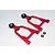Two red anodized aluminium front upper suspension arms for an RC car, including two small black washers, set against a plain white background.