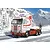 Box art illustration of a white and red Scania Streamline 143H truck model kit driving on a snowy mountain road with a person standing nearby.