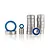 A collection of metal ball bearings with blue rubber seals, arranged in stacks and individually on a white background.