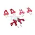 A set of red anodized aluminium RC car suspension parts including front C-hubs, steering hubs, and rear hubs with associated screws and hardware.