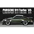 A side-profile illustration of a dark green 1985 Porsche 911 Turbo on a black background with white text above.