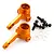 Two orange anodized aluminium RC steering knuckles with black ball studs and silver washers on a white background.